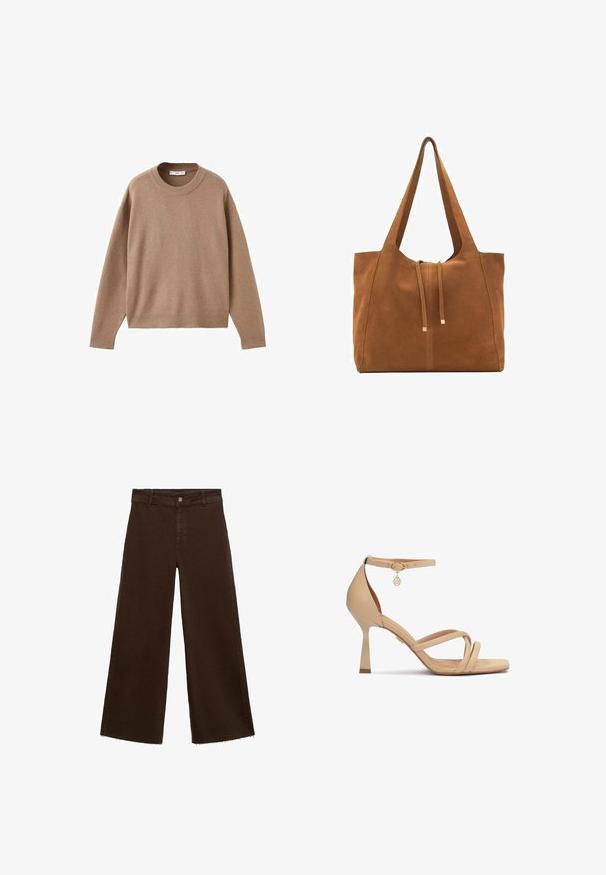 Pulover bej deschis cu mâneci lungi și gât rotund, cu manșete, tiv și guler ribb. Este expus plat pe un fundal alb.; Pantaloni largi maro dintr-un amestec de bumbac, cu un tiv desfăcut, închidere cu buton frontal și un design clasic cu cinci buzunare. Minimalist și versatil.; Sandal cu toc înalt nude din piele, cu curea pentru gleznă, având curele încrucișate la vârf, cutie de vârf rotundă și un detaliu din metal auriu.; Geantă tote din suede maro cu două mânere lungi, închidere prin șnur și un design minimalistic. Textură netedă și fără accente vizibile de hardură.