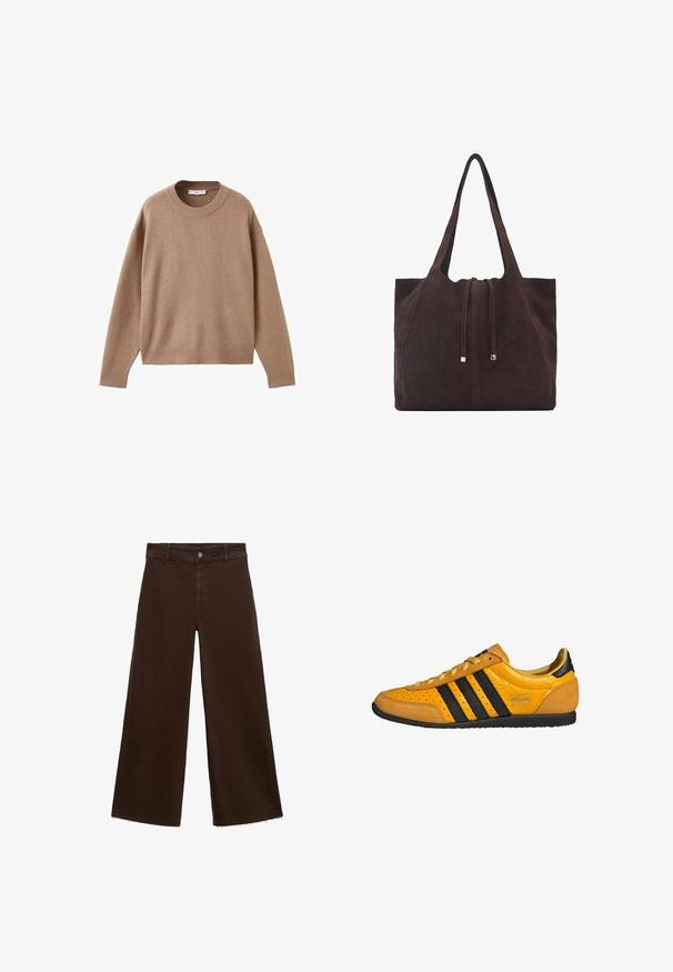 Nježni bež džemper dugih rukava s okruglim izrezom, s rebrastim manžetama, donjim rubom i izrezom, prikazan ravno na bijeloj pozadini.; Smeđe široke hlače od pamuka, s raspucanim rubom, prednjim kopčanjem na dugme i klasičnim dizajnom s pet džepova. Minimalističke i svestrane.; Žuti kožni tenisica s crnim prugama, zatvaranjem na vezice, perforiranim vrhom i teksturiranim detaljima na peti s natpisom "adidas Japan." Gumenim potplatom.; Mango Velika torba - dark brown
