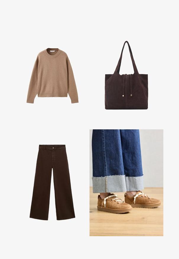 Soft beige long-sleeve crewneck sweater with ribbed cuffs, hem, and neckline, displayed flat on a white background.; Brown wide-leg trousers in cotton blend, featuring a frayed hem, front button closure, and classic five-pocket design. Minimalistic and versatile.; Brown suede sneakers with textured panels and light-colored laces. Paired with wide-legged blue denim trousers featuring frayed hems.; Mango Tote bag - dark brown