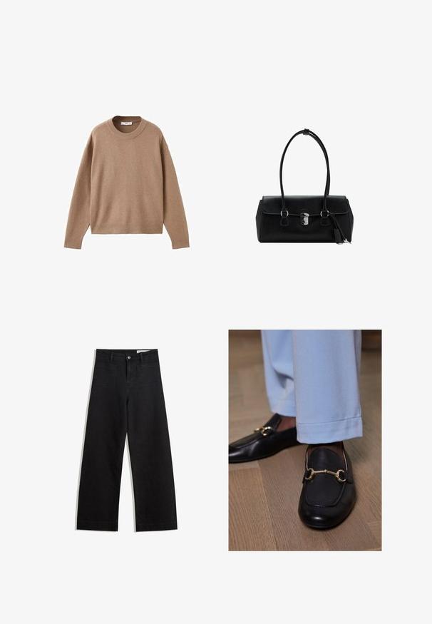 Mehak bež dolg rokav pulover s krožnim izrezom, z rebrastimi manžetami, obrobo in izrezom, prikazan na beeli podlagi.; Črne široke denim hlače z visokim pasom, ki imajo sprednje in zadnje žepe, šivane šive ter gumbasto zapiranje. Gladka tekstura.; Črne usnjene loafers čevlje s zlatnim dodatkom v obliki konjske bitje, v kombinaciji z svetlo modrimi hlačami, na leseni talni površini.; Črna usnjena torbica z gladko teksturo, strukturirano zasnovo, dvema ročkama in s srebrnim sponko na sredini.