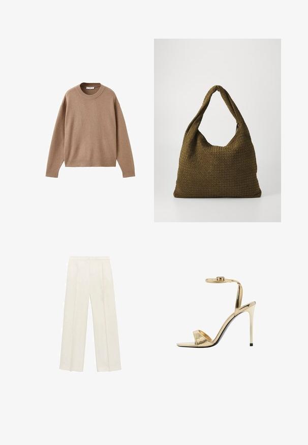 Soft beige long-sleeve crewneck sweater with ribbed cuffs, hem, and neckline, displayed flat on a white background.; Wide-legged trousers in a light cream color. Made from a smooth fabric with pleats at the front and side pockets.; Metallic gold high-heeled sandal with an ankle strap, open toe design, glossy finish, and a slender stiletto heel. Black sole accent.; Woven fabric handbag in olive green with a spacious, rounded shape and a single, elongated handle for carrying. Textured surface.