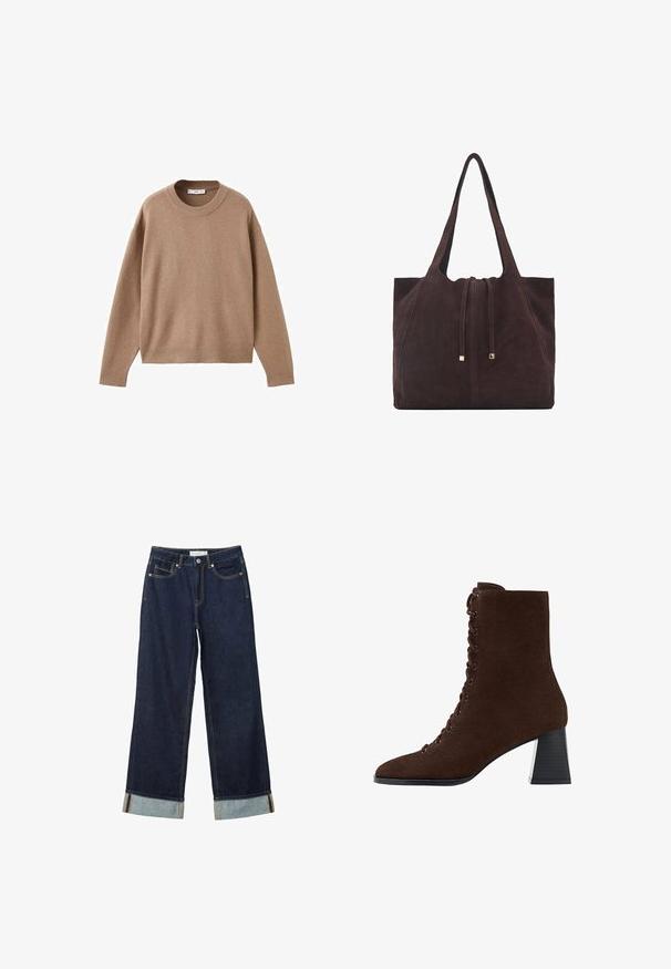 Pehmeä beige pitkähihainen pyöreäkauluksinen villapaita, jossa on ribbireunat manseteissa, helmassa ja kaula-aukoossa, esitetty tasaisena valkoista taustaa vasten.; Tummansinisiä leveälahkeisia farkkuja, joissa on korkea vyötärö, käännetyt lahkeet, kontrastiväriset ompeleet ja viisi taskua. Valmistettu denim-kankaasta.; Ruske nubuk ankle boot s oštrim nosom, vezanjem sprijeda i blok petom. Peta ima teksturirani crni akcent.; Mango Shopping bag - dark brown
