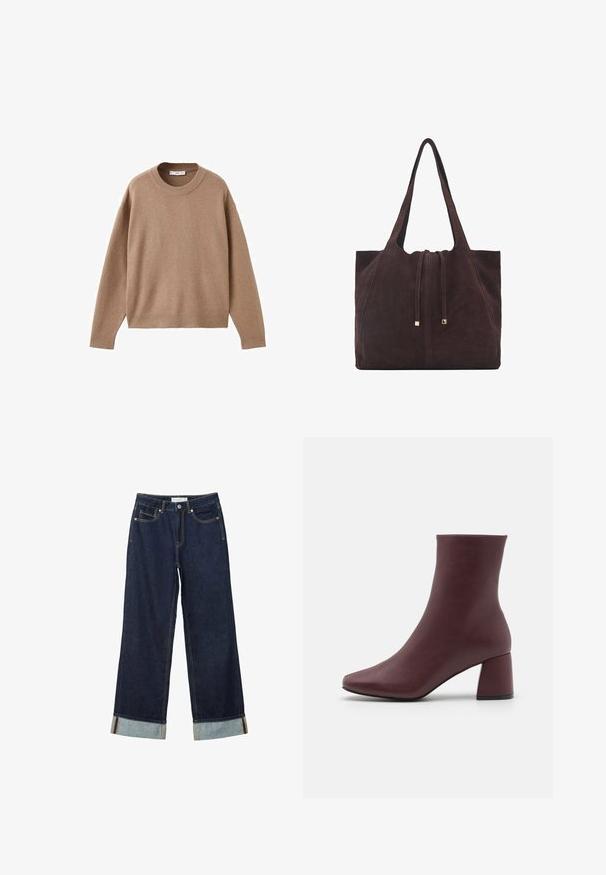 Mäkký béžový sveter s dlhým rukávom a okrúhlym výstrihom, s rebrovými rukávmi, spodným lemom a výstrihom, vystavený položený na bielom pozadí.; Tmavo modré široké nohavice s vysokým pásom, s manžetami, kontrastným šitím a dizajnom s piatimi vreckami. Vyrobené z denimu.; ONLY SHOES ONLBRIELLE - Členkové čižmy - dark red; Mango Veľká kabelka - dark brown