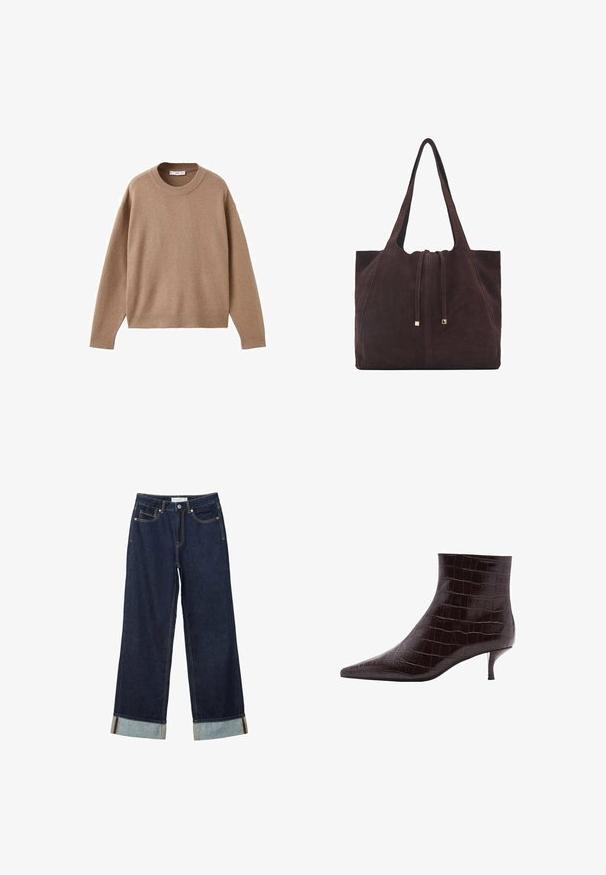 Weicher beiger Langarm-Pullover mit Rundhalsausschnitt, übersichtlich auf einem weißen Hintergrund präsentiert, mit gerippten Bündchen, Saum und Kragen.; Dunkelblaue, weit geschnittene Jeans mit hoher Taille, ausgestattet mit aufgerollten Säumen, Kontrastnähten und einem Fünf-Taschen-Design. Hergestellt aus Denim-Stoff.; Schwarze, krokodilgeprägte Lederstiefel mit spitzem Zeh und kurzem, dünnem Absatz. Glatte Textur mit ausgeprägtem Muster und elegantem Design.; Mango Shopping Bag - dark brown