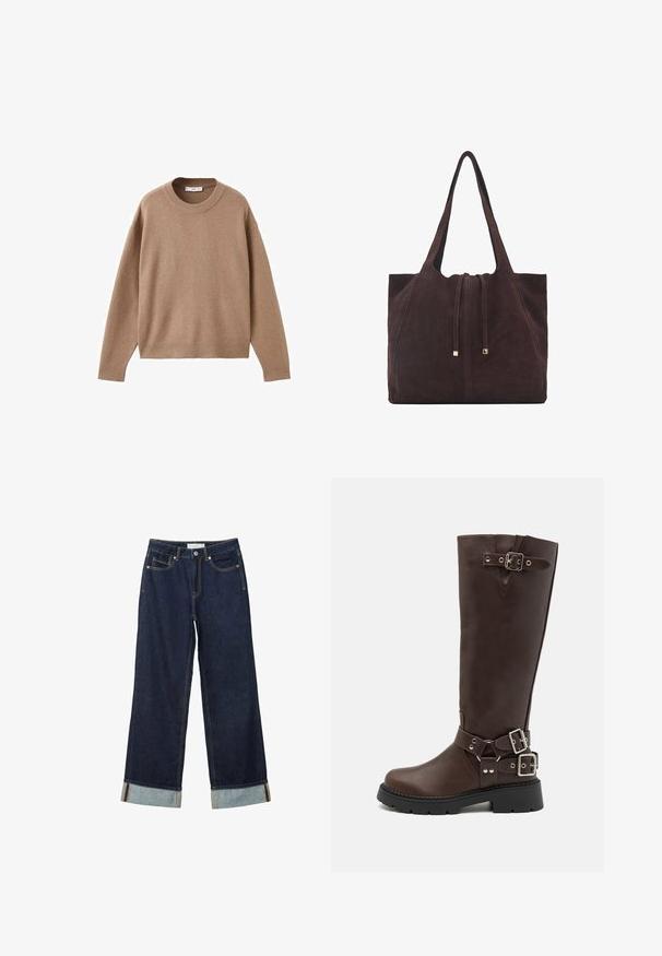 Weicher beiger Langarm-Pullover mit Rundhalsausschnitt, übersichtlich auf einem weißen Hintergrund präsentiert, mit gerippten Bündchen, Saum und Kragen.; Dunkelblaue, weit geschnittene Jeans mit hoher Taille, ausgestattet mit aufgerollten Säumen, Kontrastnähten und einem Fünf-Taschen-Design. Hergestellt aus Denim-Stoff.; RAID WESTINN - Plateaustiefel - brown; Mango Shopping Bag - dark brown