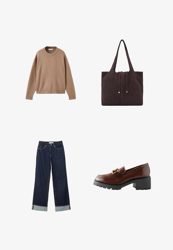 Weicher beiger Langarm-Pullover mit Rundhalsausschnitt, übersichtlich auf einem weißen Hintergrund präsentiert, mit gerippten Bündchen, Saum und Kragen.; Dunkelblaue, weit geschnittene Jeans mit hoher Taille, ausgestattet mit aufgerollten Säumen, Kontrastnähten und einem Fünf-Taschen-Design. Hergestellt aus Denim-Stoff.; Braune Lederloafer mit runder Zehenform, dekorativer goldener Hardware und einer dicken schwarzen Plateausohle mit strukturierter Oberfläche.; Mango Shopping Bag - dark brown