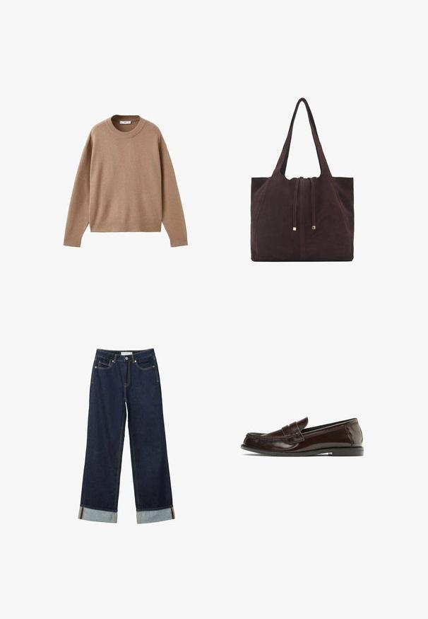 Blød beige langærmet crewneck sweater med ribbede manchetter, kant og krave, præsenteret fladt på en hvid baggrund.; Mørkeblå vide jeans med højt talje, med opfoldede vamsser, kontrastsyning og fem-lommers design. Lavet af denim stof.; Brune læder loafers med en syet detalje over vamps, en lav hæl og en glat finish. Subtil tekstur forbedrer dets polerede udseende.; Mango Shopping bags - dark brown