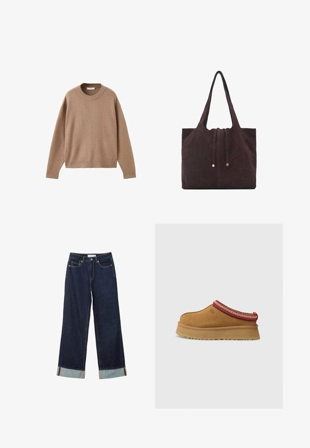 Pehmeä beige pitkähihainen pyöreäkauluksinen villapaita, jossa on ribbireunat manseteissa, helmassa ja kaula-aukoossa, esitetty tasaisena valkoista taustaa vasten.; Tummansinisiä leveälahkeisia farkkuja, joissa on korkea vyötärö, käännetyt lahkeet, kontrastiväriset ompeleet ja viisi taskua. Valmistettu denim-kankaasta.; Ruskosuede-lenkkari, jossa on punavalkoinen kuvioitu reunus, teksturoidun pohjan ja UGG-logo sivussa. Sisältää kevyen korotuksen.; Mango Shopping bag - dark brown
