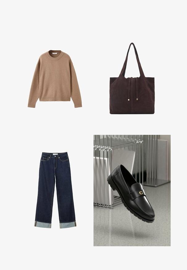 Mjuk beige långärmad tröja med rund halsringning, med ribbade muddar, fåll och halsringning, uppvisad liggandes på en vit bakgrund.; Mörkblå vida jeans med hög midja, utrustade med uppvikta fållar, kontrasterande sömmar och femficksdesign. Tillverkade av denimtyg.; Svarta läderloafers med en upphöjd söm, guldaccentlogotyp och texturerad rem. Har en tjock, hållbar gummisula.; Mango Shoppingväska - dark brown