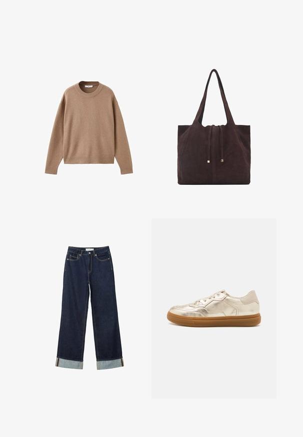 Mjuk beige långärmad tröja med rund halsringning, med ribbade muddar, fåll och halsringning, uppvisad liggandes på en vit bakgrund.; Mörkblå vida jeans med hög midja, utrustade med uppvikta fållar, kontrasterande sömmar och femficksdesign. Tillverkade av denimtyg.; Metalliska guldskor med en slät yta, utrustade med en gummisula, snörning framtill och subtila perforeringar på tån.; Mango Shoppingväska - dark brown