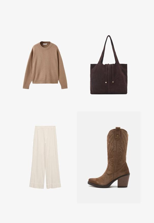 Pulover bej deschis cu mâneci lungi și gât rotund, cu manșete, tiv și guler ribb. Este expus plat pe un fundal alb.; Pantaloni largi din material crem, având o textură netedă, talie tăiată și cusături curate. Față plată cu tiv dublu cusut.; mtng TIJUANA - Cizme cowboy/biker - brown/white; Mango Geantă de pânză - dark brown