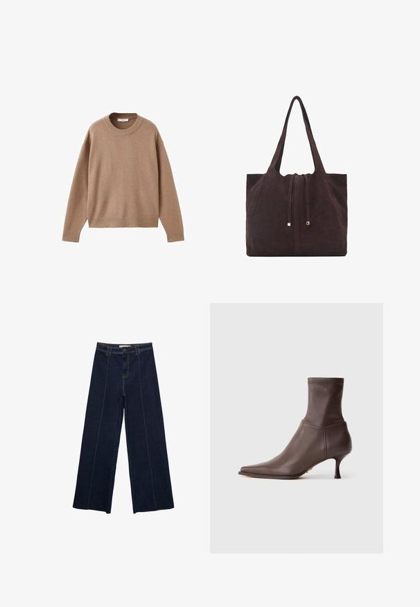 Weicher beiger Langarm-Pullover mit Rundhalsausschnitt, übersichtlich auf einem weißen Hintergrund präsentiert, mit gerippten Bündchen, Saum und Kragen.; Weite dunkle Jeanshose mit Kontrastnähten, hoher Taille und geradem Schnitt. Verfügt über Fronttaschen und einen klassischen Knopfverschluss.; Brauner Leder-Boot mit spitzer Zehenpartie und schlankem, mittelhohem Absatz auf weißem Hintergrund.; Mango Shopping Bag - dark brown