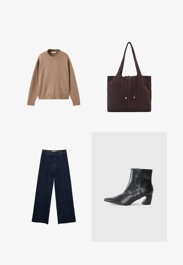 Weicher beiger Langarm-Pullover mit Rundhalsausschnitt, übersichtlich auf einem weißen Hintergrund präsentiert, mit gerippten Bündchen, Saum und Kragen.; Weite dunkle Jeanshose mit Kontrastnähten, hoher Taille und geradem Schnitt. Verfügt über Fronttaschen und einen klassischen Knopfverschluss.; Schwarze Leder-Ankle Boots mit spitzem Zehenbereich, schlanker Silhouette und einem markanten geometrischen Blockabsatz. Glatte Textur mit seitlichem Reißverschluss.; Mango Shopping Bag - dark brown