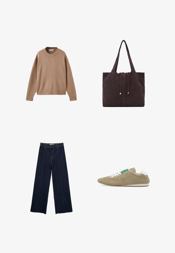 Maglione beige chiaro a maniche lunghe con scollo rotondo, dotato di polsini, orlo e scollatura a coste, presentato piegato su uno sfondo bianco.; Pantaloni in denim scuro a gamba larga con cuciture a contrasto, vita alta e taglio dritto. Presentano tasche anteriori e una chiusura classica con bottone.; Sneaker beige in suede con accenti bianchi, suola piatta bianca e lacci verdi. Presenta due strisce bianche diagonali ai lati.; Mango Shopping bag - dark brown
