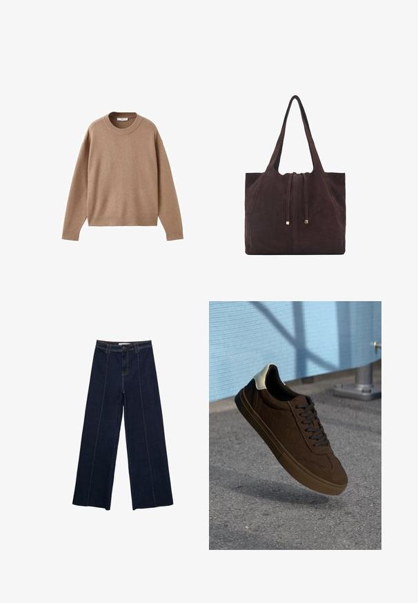 Nježni bež džemper dugih rukava s okruglim izrezom, s rebrastim manžetama, donjim rubom i izrezom, prikazan ravno na bijeloj pozadini.; Hlače od tamnog jeansa s širokim nogavicama, kontrastnim šavovima, visokim strukom i ravnim krojem. Imaju prednje džepove i klasično zatvaranje na gumb.; Smeđe sueded niske tenisice s crnim vezicama, s bijelim dijelom na peti i teksturiranim detaljima šivanja. Gumeni potplat.; Mango Velika torba - dark brown