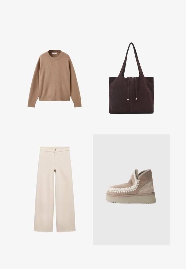 Mehak bež dolg rokav pulover s krožnim izrezom, z rebrastimi manžetami, obrobo in izrezom, prikazan na beeli podlagi.; Bež jeans hlače širokega kroja z visokim pasom, z zapiranjem na gumb, sprednjimi žepi in raztrganim robom. Narejene iz denima.; Rjave zamshirane gležnjarje s puhastim podlogom in dekorativnim belim šivanjem okoli ovratnika. Imajo gosto, teksturirano podplat.; Mango Torba za nakupovanje - dark brown