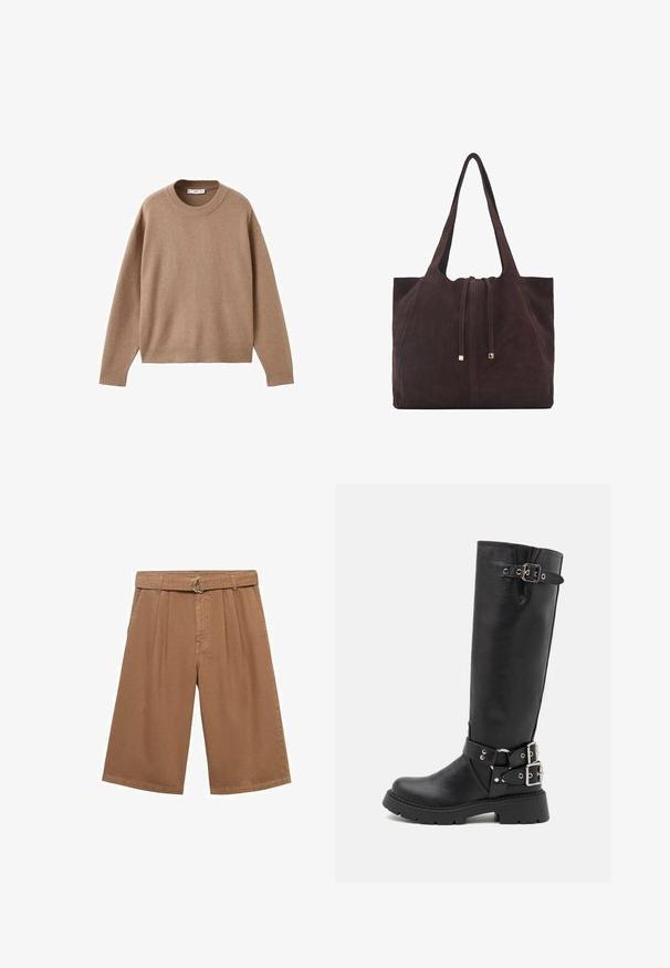 Miękki beżowy sweter z długim rękawem i okrągłym dekoltem, z prążkowanymi mankietami, dolnym obszyciem i dekoltem, wyeksponowany na płasko na białym tle.; Brązowe bawełniane kuloty z zakładkami, szerokimi nogawkami i paskiem w talii z okrągłą srebrną klamrą. Gładka tekstura i casualowy design.; RAID WESTINN czarny; Mango - Torba na zakupy