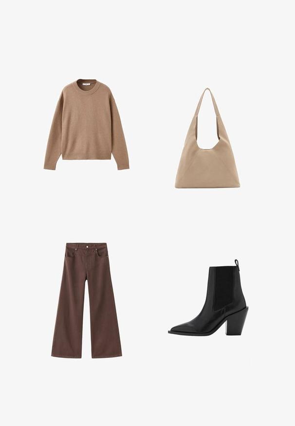 Pull en maille beige doux à manches longues et col rond, avec des poignets, un ourlet et un col côtelés, présenté à plat sur un fond blanc.; Jean large marron en denim. Dispose de cinq poches, d'une fermeture éclair et de rivets en métal. Texture lisse et design classique.; Boots en cuir noir à cheville avec une pointe fine, des panneaux latéraux élastiques et un talon géométrique épais. Texture lisse avec un design épuré.; Sac en toile beige avec une forme triangulaire unique, de larges bretelles et des détails de couture visibles pour plus de structure.
