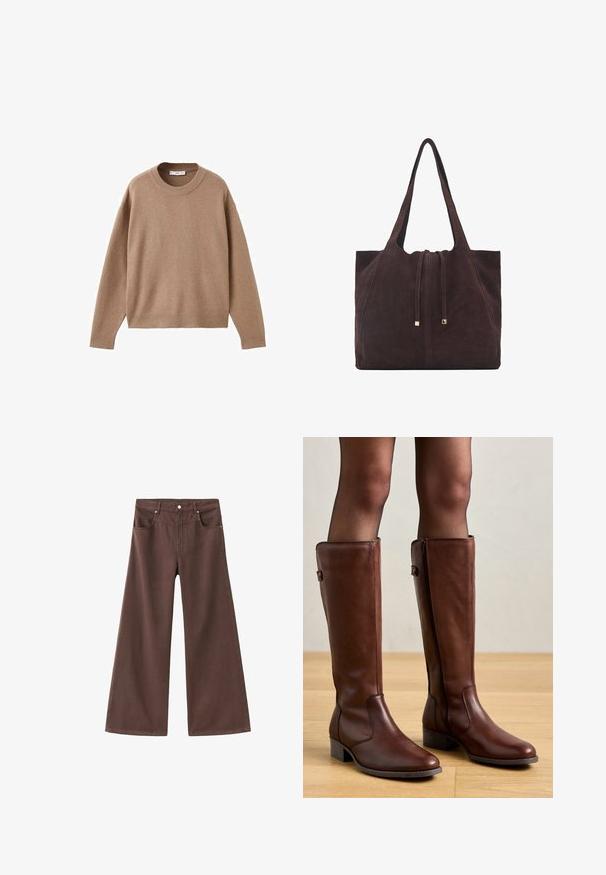 Miękki beżowy sweter z długim rękawem i okrągłym dekoltem, z prążkowanymi mankietami, dolnym obszyciem i dekoltem, wyeksponowany na płasko na białym tle.; Brązowe dżinsowe spodnie o szerokich nogawkach. Posiadają pięć kieszeni, zamek błyskawiczny oraz metalowe nity. Gładka tekstura i klasyczny fason.; Anna Field - Kozaki; Mango - Torba na zakupy