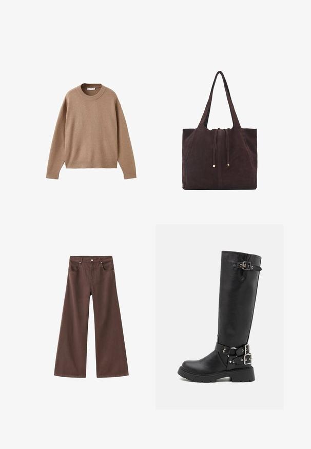 Mäkký béžový sveter s dlhým rukávom a okrúhlym výstrihom, s rebrovými rukávmi, spodným lemom a výstrihom, vystavený položený na bielom pozadí.; Hnedé široké džínsy vyrobené z denimu. Obsahujú päť vreciek, zips a kovové nitky. Hladká textúra a klasický dizajn.; RAID WESTINN - Čižmy na platforme - black; Mango Veľká kabelka - dark brown