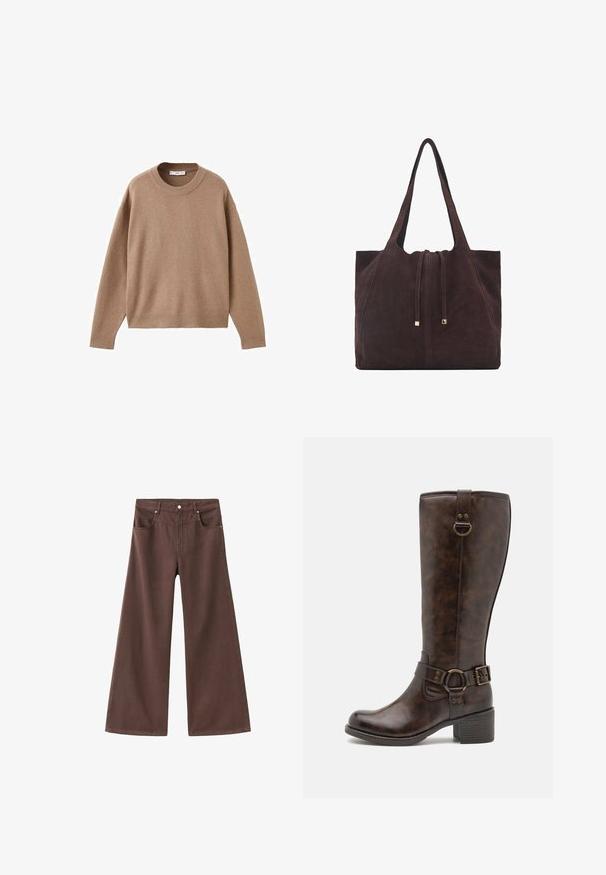 Pulover bej deschis cu mâneci lungi și gât rotund, cu manșete, tiv și guler ribb. Este expus plat pe un fundal alb.; Jeanși largi maro din denim. Au cinci buzunare, fermoar la front și riviți metalici. Textură fină și design clasic.; Botine din piele maro, până la genunchi, cu vârf rotund, curea decorativă, accesorii circulare și toc mic, pătrat. Textură netedă pe toată suprafața.; Mango Geantă de pânză - dark brown