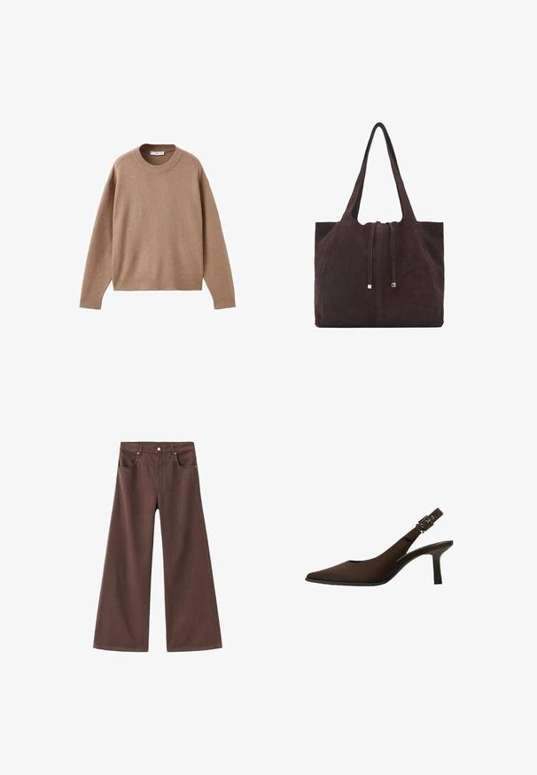 Soft beige long-sleeve crewneck sweater with ribbed cuffs, hem, and neckline, displayed flat on a white background.; Brown wide-leg jeans made of denim. Features five pockets, a zip fly, and metal rivets. Smooth texture and classic design.; Brown suede slingback pump with a pointed toe, sleek design, thin heel, and a buckle accent on the ankle strap.; Mango Tote bag - dark brown
