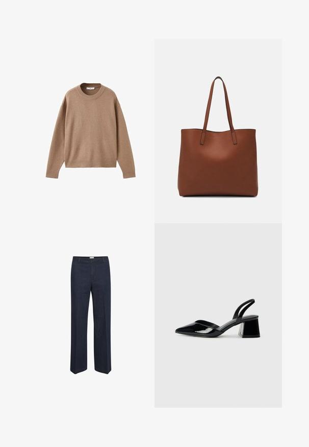 Soft beige long-sleeve crewneck sweater with ribbed cuffs, hem, and neckline, displayed flat on a white background.; Dark blue, wide-leg jeans with a classic waistband and front pockets, designed for a comfortable fit and versatile style.; Black patent leather slingback heels with a pointed toe and a geometric block heel. Features a sleek, minimal design and smooth texture.; Brown leather tote bag with a smooth texture, open top design, and two shoulder straps. Features minimal stitching and no visible hardware.