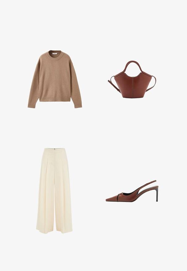 Soft beige long-sleeve crewneck sweater with ribbed cuffs, hem, and neckline, displayed flat on a white background.; Wide-leg trousers in light beige fabric, featuring pleated front design, high waist, and smooth texture. No visible hardware or patterns.; Brown leather slingback heel with a pointed toe, cutout detail at the vamp, and a sleek stiletto heel. Smooth texture.; Brown leather handbag with a conical shape, sturdy handles, and contrasting white stitching. Features a detachable shoulder strap for versatility.