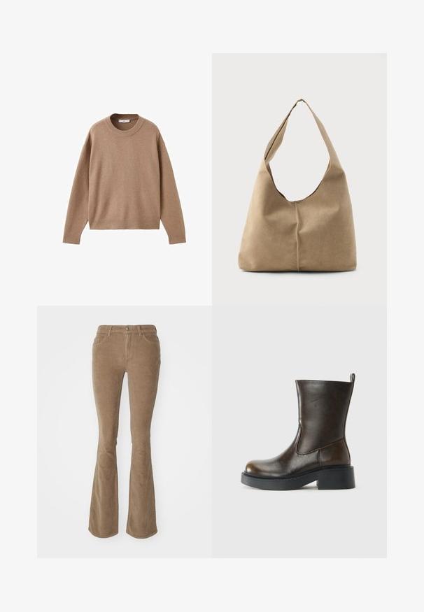 Soft beige long-sleeve crewneck sweater with ribbed cuffs, hem, and neckline, displayed flat on a white background.; Corduroy flared pants in a light brown color. Features front pockets and a button closure, with a ribbed texture throughout.; Dark brown mid-calf leather boot with a rounded toe, thick black sole, low block heel, and pull tab at the back.; Hobo bag in soft beige suede with a slouchy shape, wide shoulder strap, and a hand-stitched seam detail along the front.