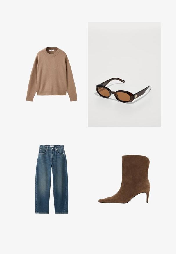 Miękki beżowy sweter z długim rękawem i okrągłym dekoltem, z prążkowanymi mankietami, dolnym obszyciem i dekoltem, wyeksponowany na płasko na białym tle.; Granatowe dżinsy o prostym kroju, pięć kieszeni, klasyczne zapięcie na guzik. Miękka faktura z delikatnym wyblaknięciem.; Brązowy botek zamszowy z ostro zakończonym noskiem i wąskim obcasem, charakteryzujący się gładkim designem cholewki i gładką fakturą.; Brązowe okulary przeciwsłoneczne w kształcie muszki z owalnymi soczewkami, z cienką oprawką i małym metalowym akcentem z boku. Teksturowane i wypolerowane wykończenie.; Mango - Torba na zakupy
