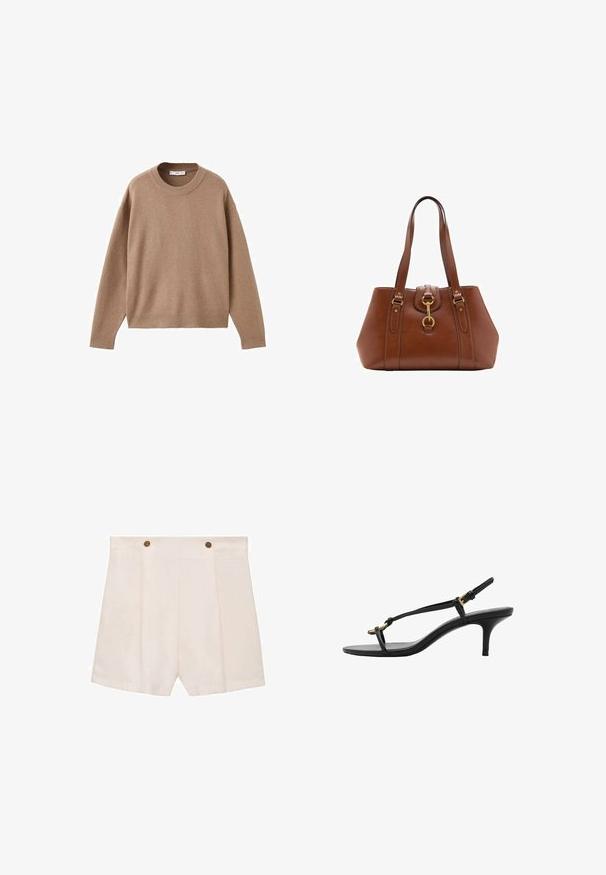 Blød beige langærmet crewneck sweater med ribbede manchetter, kant og krave, præsenteret fladt på en hvid baggrund.; Flødefarvede shorts lavet af et glat stof, med to frontfolder, en løs pasform og to synlige bronze knapper i taljen.; Sort læder kitten hæl sandal med tynde stropper, guldspænde og minimalistisk tå løkke på en hvid baggrund.; Brun lædertaske med dobbelte stropper, rund form, guldfarvet hardware og en central spænde detalje. Glat tekstur med syninger.