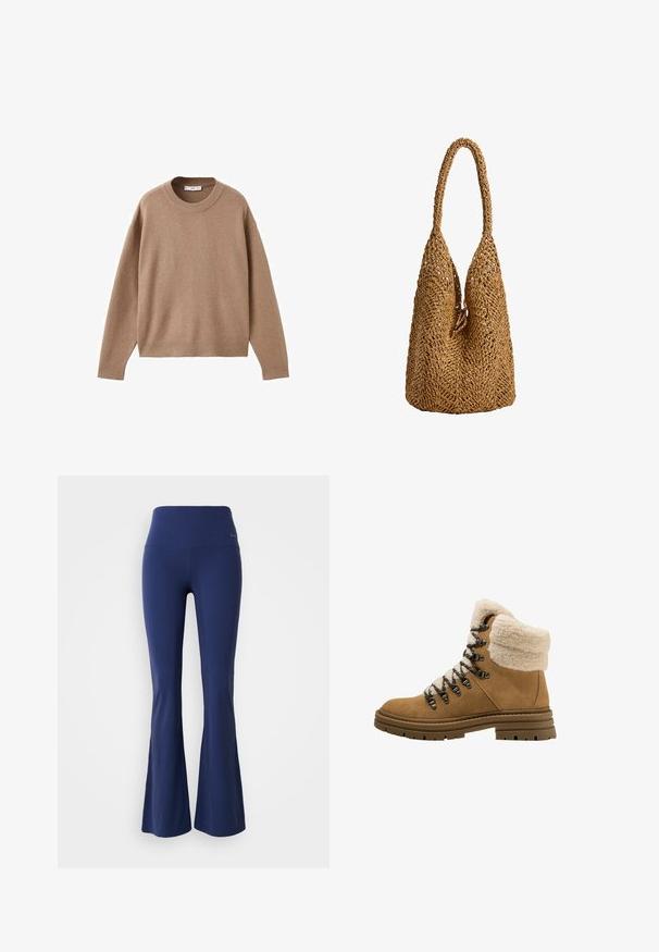 Pulover bej deschis cu mâneci lungi și gât rotund, cu manșete, tiv și guler ribb. Este expus plat pe un fundal alb.; Colanți evazați de culoare albastru marin cu talie înaltă, dintr-un material elastic, cu o textură netedă și un accent subtil al logo-ului pe banda taliei.; Botă de drumeție din piele întoarsă maro cu manșetă din blană sintetică, căptușeală din plasă, șireturi negre și ochiuri metalice. Talpa groasă din cauciuc cu model pentru aderență.; Geantă din pânză maro, împletită, cu un design distinctiv de tricot deschis, având un mâner lung și rotunjit și o textură moale.
