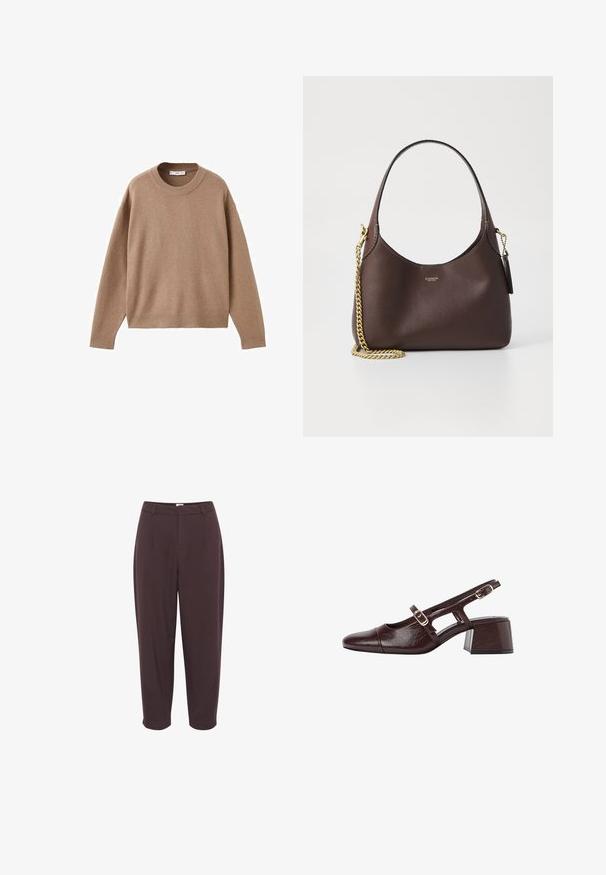 Pull en maille beige doux à manches longues et col rond, avec des poignets, un ourlet et un col côtelés, présenté à plat sur un fond blanc.; Pantalon taille haute marron foncé avec une coupe décontractée, devant plissé et jambe fuselée, présentant une texture lisse et sans matériel visible.; Talons slingback en cuir marron avec un embout carré, des côtés découpés et un talon bloc. Présente une boucle sur la sangle de la cheville.; COACH BROOKLYN SHOULDER BAG 23 - Sac à main - maple