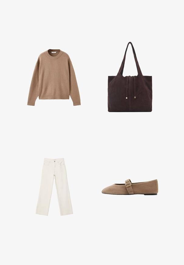 Pehmeä beige pitkähihainen pyöreäkauluksinen villapaita, jossa on ribbireunat manseteissa, helmassa ja kaula-aukoossa, esitetty tasaisena valkoista taustaa vasten.; Valkoiset leveälahkeiset farkut, joissa on korkea vyötärö, etutaskut ja nappihytti. Puhtaan muotoilun minimalistisilla yksityiskohdilla.; Beige mokkasiinimainen tasapohjainen kenkä, jossa on terävä kärki ja säädettävä hihna, jossa on metallinen solki sivulla kiinnitystä varten.; Mango Shopping bag - dark brown