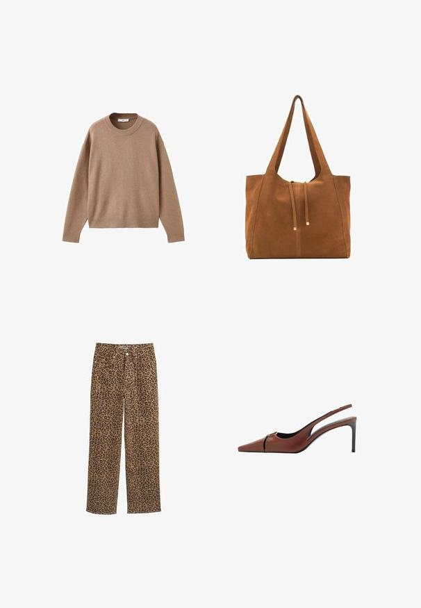 Mehak bež dolg rokav pulover s krožnim izrezom, z rebrastimi manžetami, obrobo in izrezom, prikazan na beeli podlagi.; Kavbojke z leopardjim vzorcem, srednji pas, s ravnim krojem nogavic, z rjavim in črnim vzorcem, z gumbom za zapiranje in petimi žepi.; Rjavi usnjeni slingback čevelj z ostro konico, izrezom na vampu in elegantno stiletnasto peto. Gladka tekstura.; Rjava semiš torba z dvema dolgima ročajema, z vrvico za zapiranje in minimalističnim dizajnom. Gladka tekstura in brez vidnih kovinskih dodatkov.
