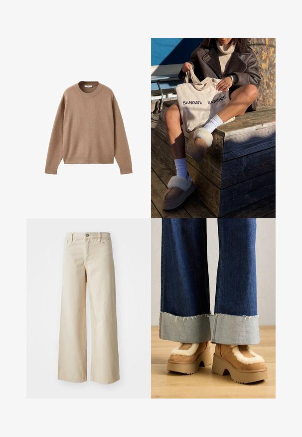 Mehak bež dolg rokav pulover s krožnim izrezom, z rebrastimi manžetami, obrobo in izrezom, prikazan na beeli podlagi.; Bež džins hlače širokih nogavica iz denima, z visokim pasom, zapenjanjem na gumb, zankami za pas in stranskimi žepi. Gladka tekstura in sproščen kroj.; Rjave ante boote s platformo, obložene s kremastim krznom, v kombinaciji s širokimi denim hlačami z razfrkanimi robovi in lažjim denim zapenjanjem.; Bežna torba z natisnjenim napisom "SAMSOE" dvakrat, svetlo rjave natikače z belim krznom, bele nogavice in rjav plašč iz ovčje kože na leseni površini.