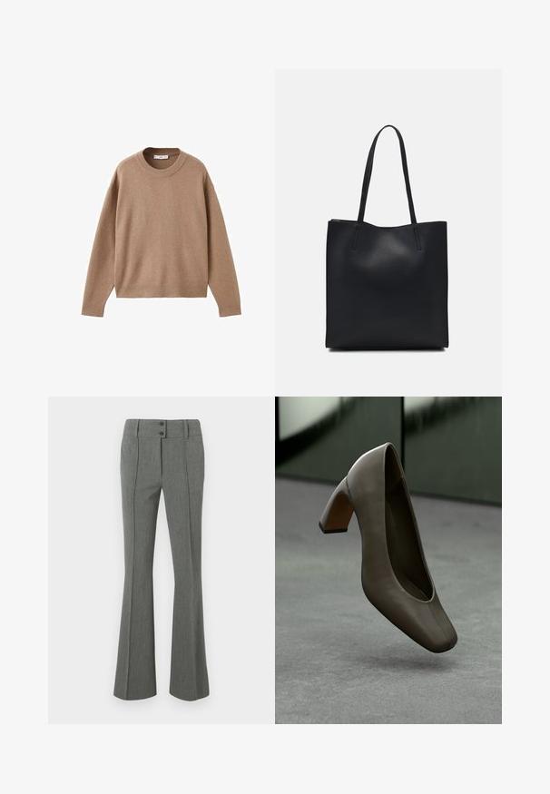 Mjuk beige långärmad tröja med rund halsringning, med ribbade muddar, fåll och halsringning, uppvisad liggandes på en vit bakgrund.; Grå, utsvängda byxor av texturerat tyg. Har två knappar vid midjan och sömmar framtill som detalj.; Mörk olivgrön läder högklackad sko med fyrkantig tå och klossklack, svävande över ett grått betonggolv med en suddig grön bakgrund.; Svart lädertoffelväska med slät textur, rektangulär form och två långa handtag. Ingen synlig hårdvara eller dekorationer.