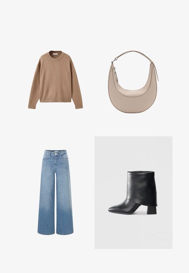 Nježni bež džemper dugih rukava s okruglim izrezom, s rebrastim manžetama, donjim rubom i izrezom, prikazan ravno na bijeloj pozadini.; Svijetloplave traper široke hlače s visokim strukom, prednjim džepovima i klasičnom kopčom na dugme. Iružiteljna tekstura na rubu.; Crna kožna čizme do gležnja sa šiljastim prstom, glatke teksture i strukturiranim blok petom. Ima visoki, preklopljeni dizajn manžetne.; Bež kožna torba za rame u obliku polumjeseca, glatke teksture i s jednim zakrivljenim ručkom. Sadrži zatvor na zip i uredno šivenje.