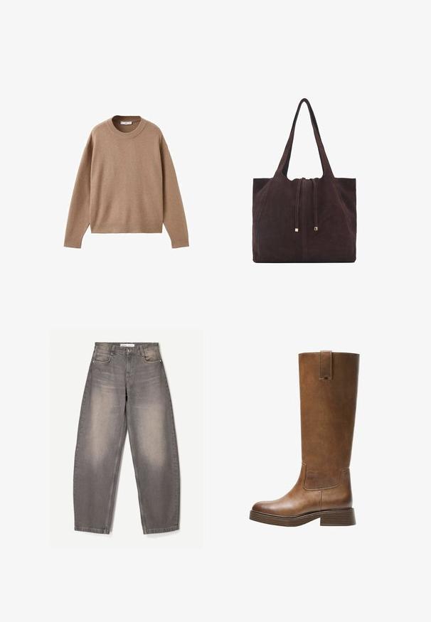 Pehmeä beige pitkähihainen pyöreäkauluksinen villapaita, jossa on ribbireunat manseteissa, helmassa ja kaula-aukoossa, esitetty tasaisena valkoista taustaa vasten.; Harsojen harmaiden farkkujen, jotka on valmistettu denimistä. Ne sisältävät hienovaraisia haalistumia, viisi taskua, vyölenkit ja napin sulkijan vyötäröllä.; Kahvipronssinen polvipituinen saapas, jossa on pyöristetty kärki, teksturoitu pinta ja matala pinoheijastin. Varressa on sivupaneeli ja vetotappi ylhäällä.; Mango Shopping bag - dark brown