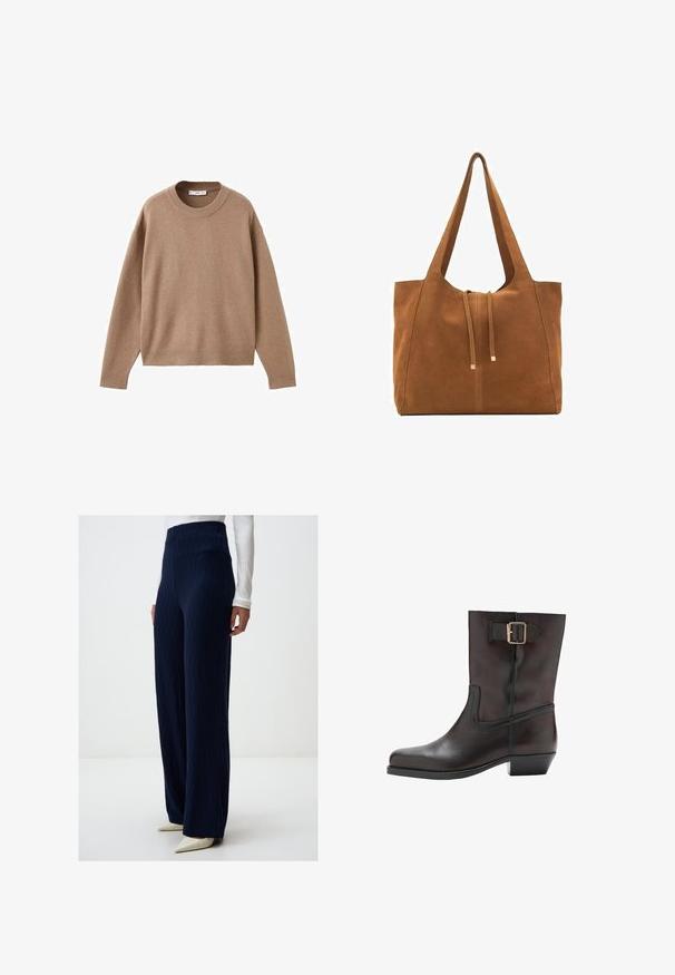 Pull en maille beige doux à manches longues et col rond, avec des poignets, un ourlet et un col côtelés, présenté à plat sur un fond blanc.; Pantalons larges à taille haute en tissu texturé bleu marine, avec des motifs côtelés verticaux et une finition lisse, associés à des talons aiguilles blancs.; Botte de cheville en cuir noir avec un bout rond, un petit talon carré, un panneau élastique sur le côté et un accent en boucle dorée sur la sangle de la cheville.; Sac fourre-tout en suede marron avec deux longues poignées, fermeture à cordon, et design minimaliste. Texture lisse et sans accents matériels visibles.