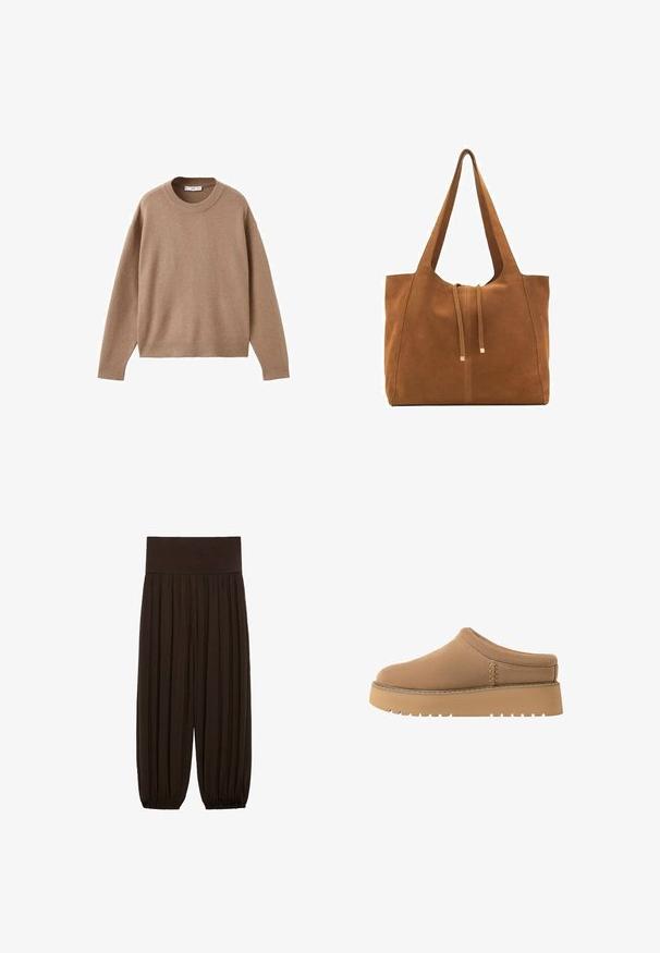 Mäkký béžový sveter s dlhým rukávom a okrúhlym výstrihom, s rebrovými rukávmi, spodným lemom a výstrihom, vystavený položený na bielom pozadí.; Hnedé plisované nohavice so širokým elastickým pásom. Tkanina je ľahká a textúrovaná, s nariasenými lemami na manžetách.; Hnedé nazúvacie topánky s jemnou textúrou, zaoblenou špičkou a hrubou, ryhovanou podrážkou. Obsahujú jemné švy po stranách.; Hnedá semišová taška cez rameno s dvoma dlhými popruhmi, sťahovacou šnúrkou a minimalistickým dizajnom. Hladký povrch a žiadne viditeľné kovové doplnky.