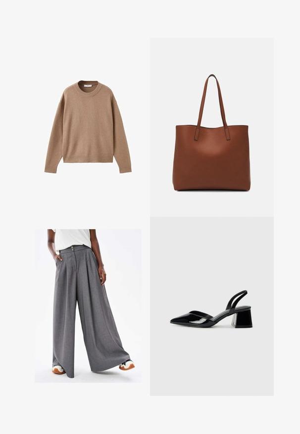 Zachte beige lange mouw crewneck trui met geribbelde manchetten, zoom en halslijn, plat weergegeven op een witte achtergrond.; Grijze wijde broek met een geplooid ontwerp, textuur van de stof, twee knopen aan de taille en zijvakken. Gepaard met witte en oranje sneakers.; Zwarte gepatineerde leren slingback hakken met een spitse neus en een geometrische blokhak. Kenmerkt zich door een slank, minimalistisch ontwerp en een gladde textuur.; Bruine leren tote bag met een gladde textuur, een ontwerp met een open bovenkant en twee schouderbanden. Kenmerkt zich door minimale stiksels en geen zichtbare hardware.