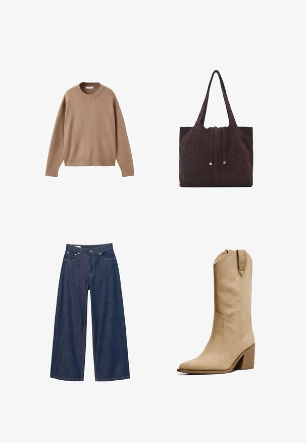 Mehak bež dolg rokav pulover s krožnim izrezom, z rebrastimi manžetami, obrobo in izrezom, prikazan na beeli podlagi.; Široke jeans hlače v temno modrem jeans materialu, z gumbnim zapiranjem, sprednjimi žepii, in rumenim šivom vzdolž šivov. Gladka tekstura.; Bershka HIGH-HEEL - Škornji v kavbojskem/motorističnem slogu - beige; Mango Torba za nakupovanje - dark brown