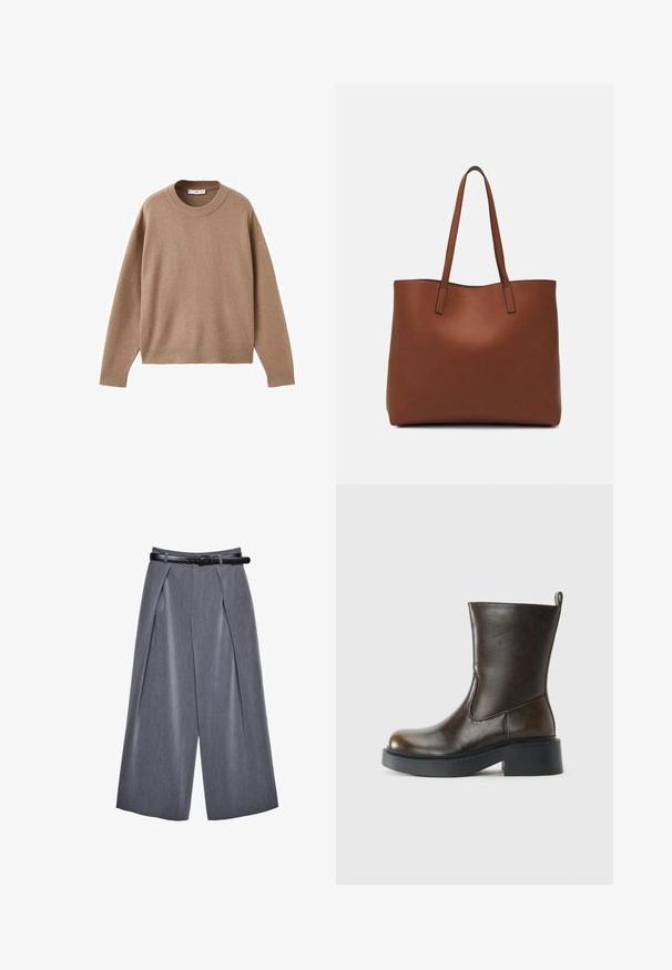 Pehmeä beige pitkähihainen pyöreäkauluksinen villapaita, jossa on ribbireunat manseteissa, helmassa ja kaula-aukoossa, esitetty tasaisena valkoista taustaa vasten.; Harmaat leveälahkeiset housut, joissa on etuplepaat ja musta vyö, valmistettu sileästä kankaasta, esiteltyinä valkoista taustaa vasten.; Tummanruskea keskipituinen nahkasaapas pyöreällä varvaskappaleella, paksulla mustalla pohjalla, matalalla blokkikannalla ja vetotapilla takana.; Ruskea nahkainen olkalaukku, jossa on sileä pinta, avoin yläosa ja kaksi olkahihnaa. Omaavat vain minimaalisen ompelun eikä näkyvää metalliosaa.