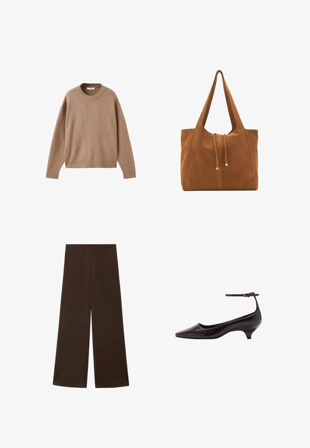Měkký béžový svetr s dlouhým rukávem a kulatým výstřihem, ribovanými manžetami, lemem a výstřihem, vyložený na bílém pozadí.; Kalhoty s širokými nohavicemi vyrobené z hladkého tmavě hnědého materiálu. Mají vysoký pas a minimalistický design bez ozdob.; Tmavě hnědá kožená botička na drobném podpatku s špičatou špičkou, tenkým kotníkovým páskem a malou zlatou přezkou.; Hnědá semišová taška s dvěma dlouhými popruhy, stahovací šňůrkou a minimalistickým designem. Hladký povrch a žádné viditelné kovové akcenty.
