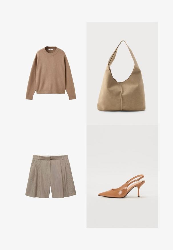 Pull en maille beige doux à manches longues et col rond, avec des poignets, un ourlet et un col côtelés, présenté à plat sur un fond blanc.; Shorts plissés beiges en tissu à rayures verticales. Comprend une taille avec passants de ceinture et une coupe droite.; Escarpin à talon slingback à bout pointu en matériau beige lisse et brillant. Présente un design de découpes courbées et un talon aiguille fin. Détail de boucle en argent.; Sac hobo en suède beige doux avec une forme décontractée, une large bandoulière et un détail de couture à la main sur le devant.