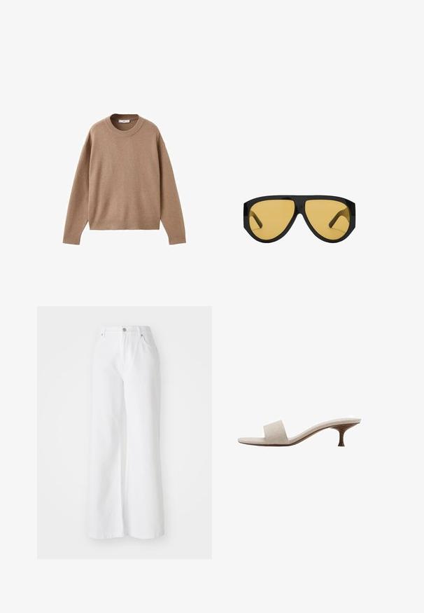 Mehak bež dolg rokav pulover s krožnim izrezom, z rebrastimi manžetami, obrobo in izrezom, prikazan na beeli podlagi.; Beli široke hlače iz bele denimske tkanine z visokim pasom, ki imajo sprednje žepke in srebrno zaponko. Tekstura je gladka, barva pa enotna.; Sandal brez pet, z zgornjim delom iz bež tkane tkanine, odprti prsti in ukrivljenim lesenim podplatom. Oblikovanje se ponaša z gladko teksturo in minimalistično obliko.; Sončna očala s sleek črnim plastičnim okvirjem in rumenimi lečami, z izrazito kotno obliko in širokimi templji za dodatno zaščito.; Mango Torba za nakupovanje - dark brown