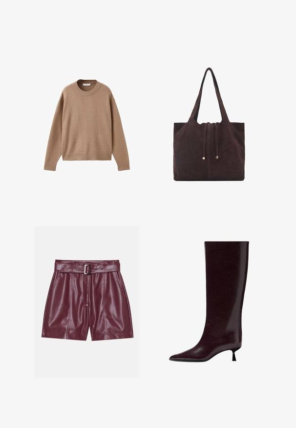 Maglione beige chiaro a maniche lunghe con scollo rotondo, dotato di polsini, orlo e scollatura a coste, presentato piegato su uno sfondo bianco.; Pantaloni corti in ecopelle borgogna con una cintura ampia, una cintura con fibbia argentata e pieghe frontali per una silhouette rilassata.; Stivale in pelle bordeaux al ginocchio con una finitura liscia e texturizzata, punta affusolata e un tacco sottile e impilato per un'elevazione aggiuntiva.; Mango Shopping bag - dark brown