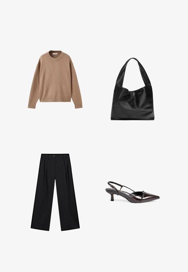 Maglione beige chiaro a maniche lunghe con scollo rotondo, dotato di polsini, orlo e scollatura a coste, presentato piegato su uno sfondo bianco.; Pantaloni neri a gamba larga realizzati in tessuto morbido, con pieghe frontali, tasche laterali e chiusura con bottone in vita.; Pump slingback in pelle lucida marrone con punta affusolata, tacco a blocco piccolo, design a fasce incrociate e dettaglio decorativo a fiocco nella parte anteriore.; Borsa tote in pelle nera con un design morbido e floscio, manici larghi e una texture liscia. Nessun hardware o decorazione visibile.