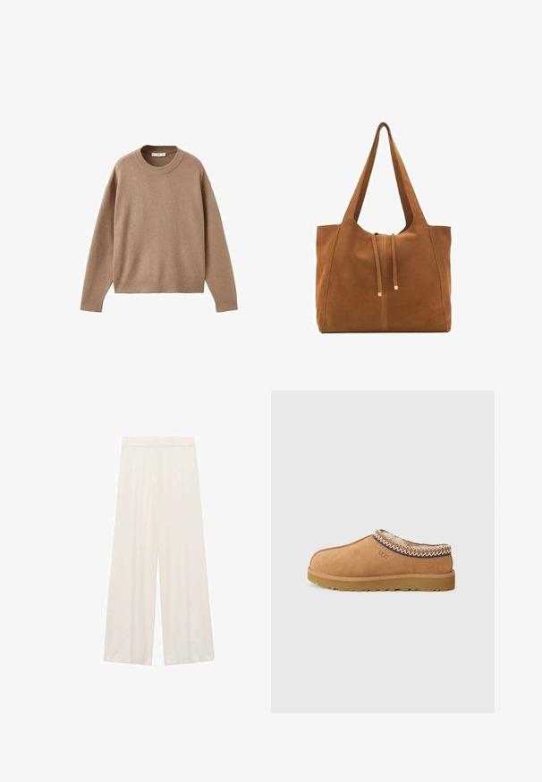 Weicher beiger Langarm-Pullover mit Rundhalsausschnitt, übersichtlich auf einem weißen Hintergrund präsentiert, mit gerippten Bündchen, Saum und Kragen.; Weite Hosen aus leichtem Stoff in einem einfarbigen, cremigen Weiß, mit glatter Textur und ohne sichtbare Muster oder Hardwaredetails.; Beige Wildleder-Slipper mit einem strukturierten Wollfutter und dekorativer ethnischer Stickerei am Kragen. Verfügt über eine Gummisohle.; Braune Wildleder-Tasche mit zwei langen Trägern, Zugverschluss und minimalistischem Design. Glatte Textur und keine sichtbaren Hardware-Details.